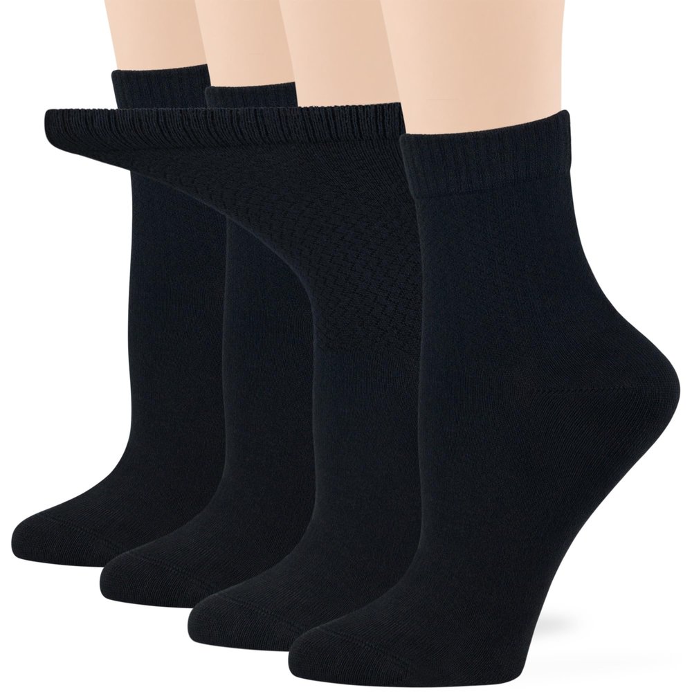 7BIGSTARS KINGDOM Women's Cotton Diabetic Quarter Socks, Non-Binding Exra Wide - 4 Pack Large - Solid Seamless - Sock Size 10-12 Shoe Size 8-12 L Black