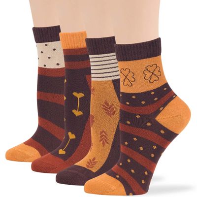 7BIGSTARS KINGDOM Women's Viscose from Bamboo Diabetic Quarter Patterned Socks - 4 Pack Medium-Extra Wide Dot, Stripe, Heart, Autumn - Sock Size 9-11 Shoe Size 5-9 M Brown, Camel, Beige, Orange