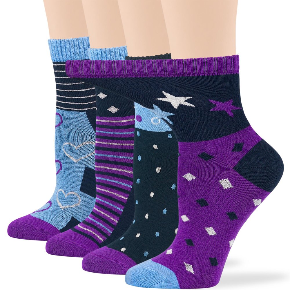 7BigStars Women Viscose from Bamboo Diabetic Socks - 4 Pack Seamless Quarter Length, Extra Wide Fit, Fun Star Dot Stripe Heart Patterns for Sensitive Feet, Soft Breathable Fashion Comfort
