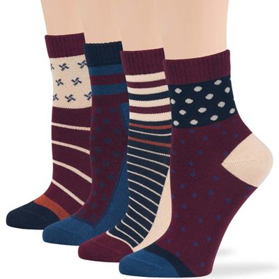7BIGSTARS KINGDOM Women's Viscose from Bamboo Diabetic Quarter Patterned Socks - 4 Pack Medium-Extra Wide Polka Dot, Heart, Stripe - Sock Size 9-11 Shoe Size 5-9 M Burgundy, Navy Blue, Ecru