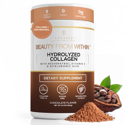 VITASEI Hydrolyzed Collagen Peptides Powder with Resveratrol & Vitamin C  Hair, Skin, Nails & Joint Support  Colgeno Hidrolizado for Women & Men  Delicious Chocolate Flavor, 16 oz (30 Servings)