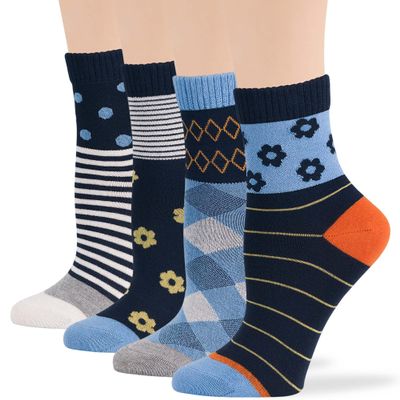 7BIGSTARS KINGDOM Women's Viscose from Bamboo Diabetic Quarter Patterned Socks - 4 Pack Medium-Extra Wide Dot, Argyle, Flower, Stripe - Sock Size 9-11 Shoe Size 5-9 M Denim Blue, Navy, Orange