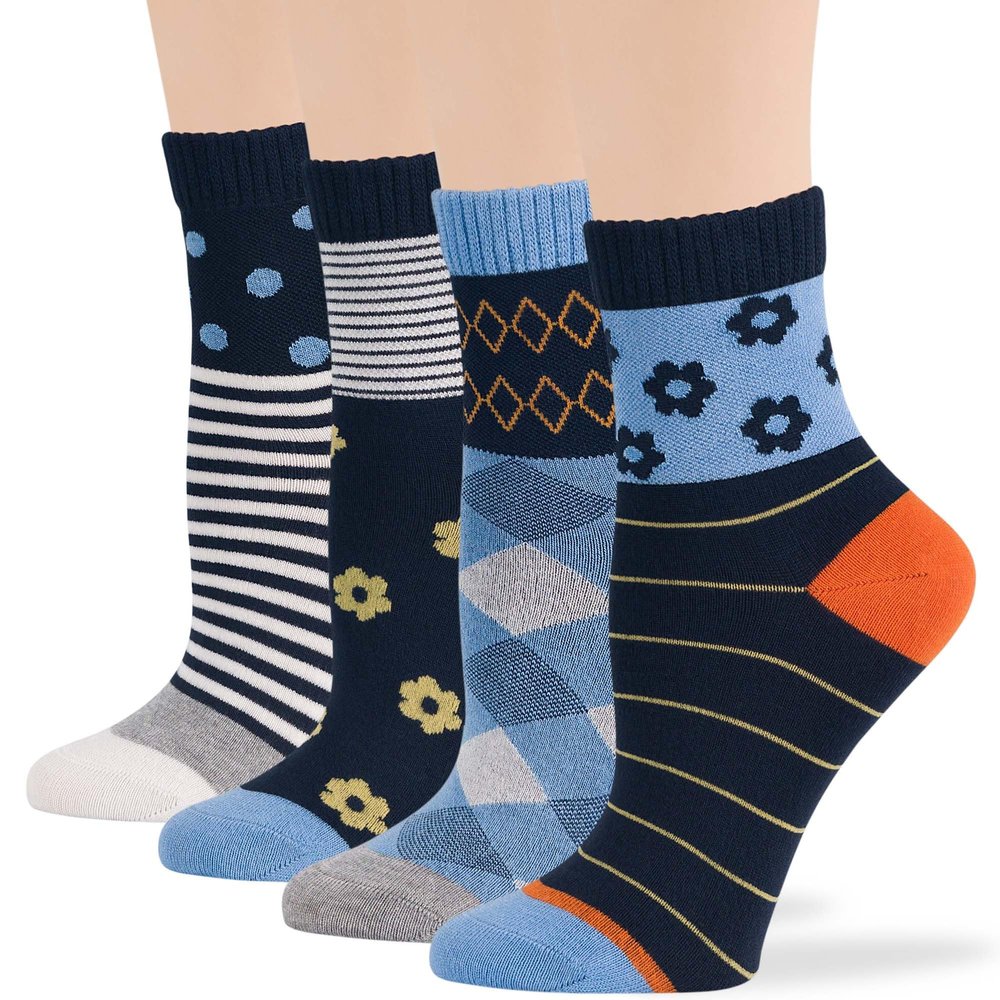 7BIGSTARS KINGDOM Women's Viscose from Bamboo Diabetic Quarter Patterned Socks - 4 Pack Medium-Extra Wide Dot, Argyle, Flower, Stripe - Sock Size 9-11 Shoe Size 5-9 M Denim Blue, Navy, Orange