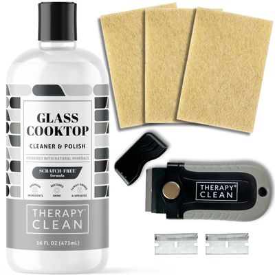 Therapy Glass Cooktop Cleaner Kit - 16oz with Scraper & 3 Non-Scratch Pads - For Electric, Induction, Ceramic & Gas Stove Top - Heavy Duty Flat Top Stove Cleaner & Polish