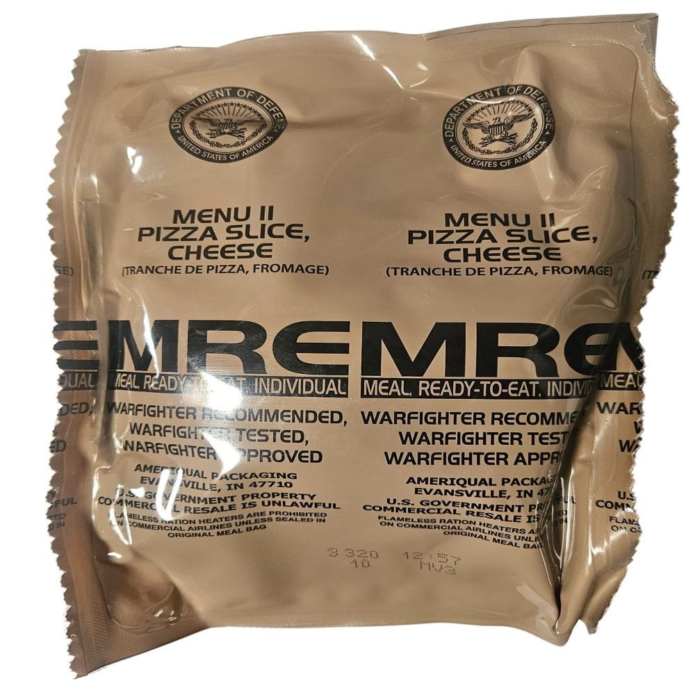 Genuine USGI MRE [Meal, Ready to Eat] Inspection Date 01/2026 or Newer [New Packaging] - You Choose Menu Ration with Entree, Snacks, Dessert, Drink Mix, Utensils, Condiments and FRH. (Cheese Pizza)