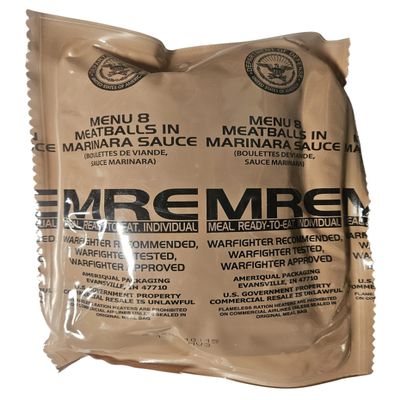 Genuine USGI MRE [Meal, Ready to Eat] Inspection Date 01/2026 or Newer [New Packaging] - You Choose Menu Ration with Entree, Snacks, Dessert, Drink Mix, Utensils, Condiments and FRH. (Meatballs in Marinara)