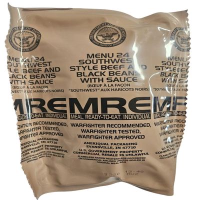 Genuine USGI MRE [Meal, Ready to Eat] Inspection Date 01/2026 or Newer [New Packaging] - You Choose Menu Ration with Entree, Snacks, Dessert, Drink Mix, Utensils, Condiments and FRH. (Southwest Beef and Beans)