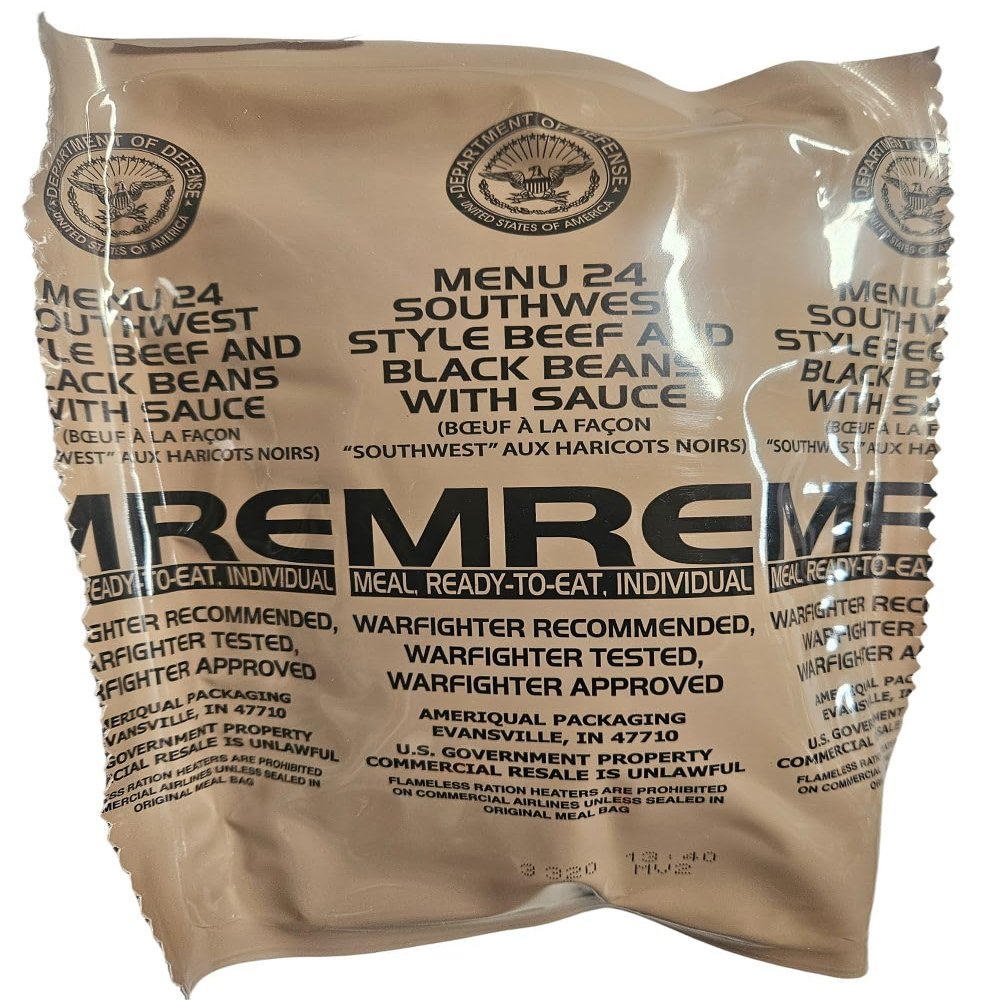 Genuine USGI MRE [Meal, Ready to Eat] Inspection Date 01/2026 or Newer [New Packaging] - You Choose Menu Ration with Entree, Snacks, Dessert, Drink Mix, Utensils, Condiments and FRH. (Southwest Beef and Beans)