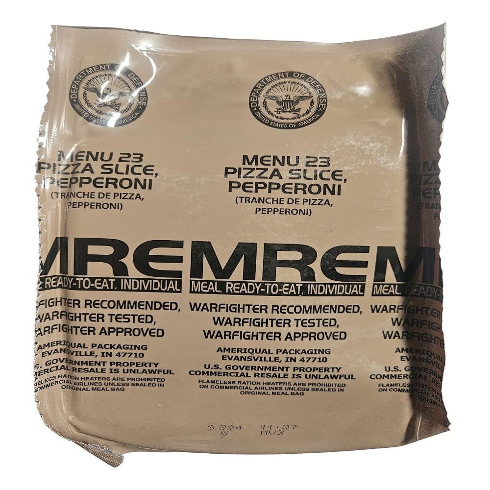 Genuine USGI MRE [Meal, Ready to Eat] Inspection Date 01/2026 or Newer [New Packaging] - You Choose Menu Ration with Entree, Snacks, Dessert, Drink Mix, Utensils, Condiments and FRH. (Pepperoni Pizza)