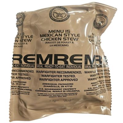 Genuine USGI MRE [Meal, Ready to Eat] Inspection Date 01/2026 or Newer [New Packaging] - You Choose Menu Ration with Entree, Snacks, Dessert, Drink Mix, Utensils, Condiments and FRH. (Mexican Chicken Stew)