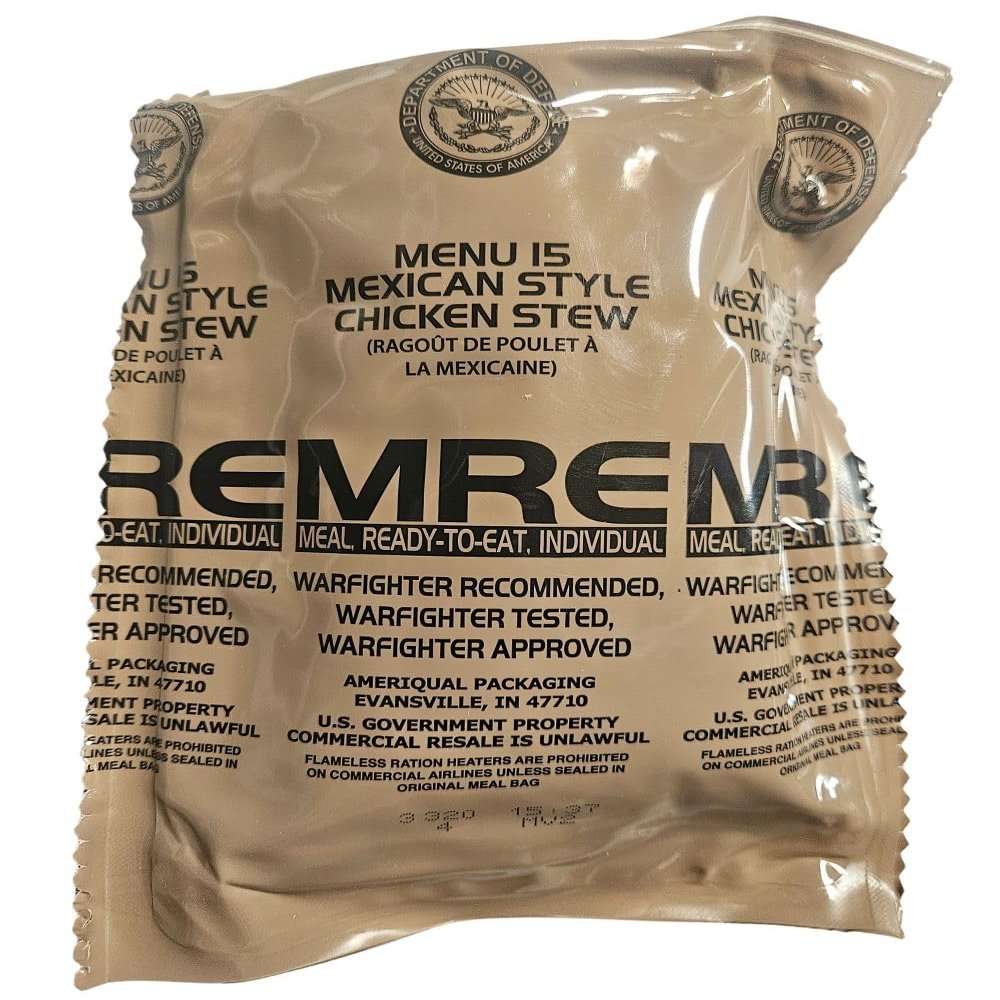 Genuine USGI MRE [Meal, Ready to Eat] Inspection Date 01/2026 or Newer [New Packaging] - You Choose Menu Ration with Entree, Snacks, Dessert, Drink Mix, Utensils, Condiments and FRH. (Mexican Chicken Stew)