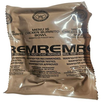 Genuine USGI MRE [Meal, Ready to Eat] Inspection Date 01/2026 or Newer [New Packaging] - You Choose Menu Ration with Entree, Snacks, Dessert, Drink Mix, Utensils, Condiments and FRH. (Chicken Burrito Bowl)