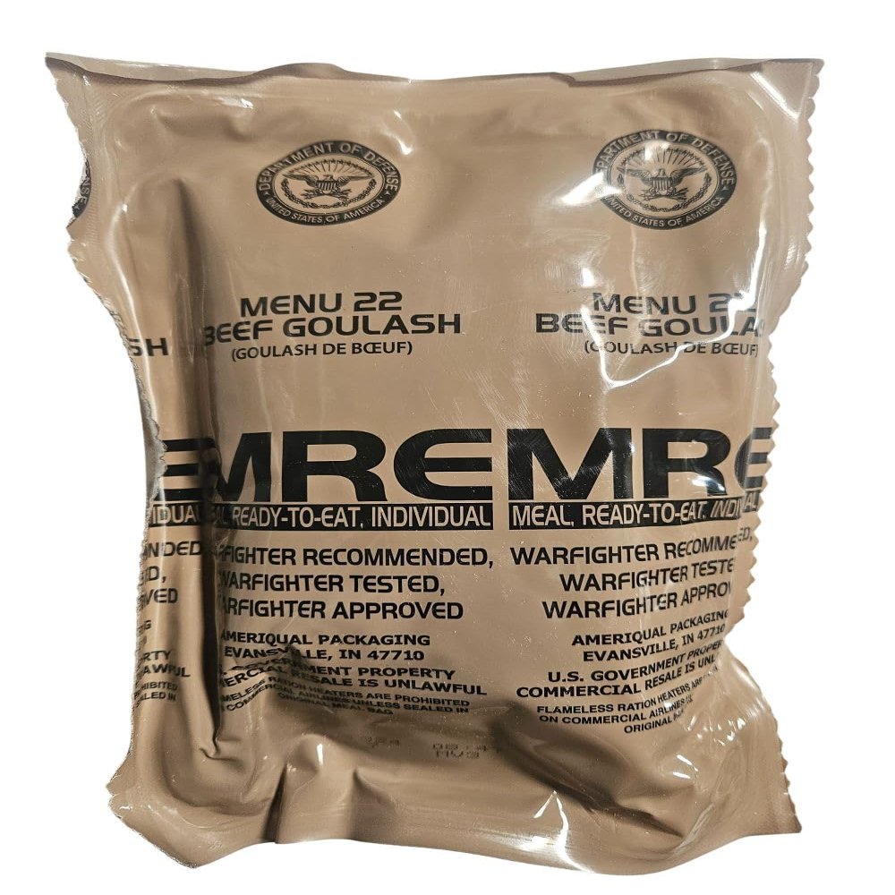 Genuine USGI MRE [Meal, Ready to Eat] Inspection Date 01/2026 or Newer [New Packaging] - You Choose Menu Ration with Entree, Snacks, Dessert, Drink Mix, Utensils, Condiments and FRH. (Beef Goulash)