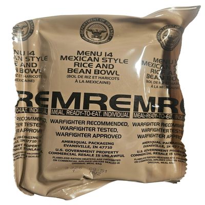 Genuine USGI MRE [Meal, Ready to Eat] Inspection Date 01/2026 or Newer [New Packaging] - You Choose Menu Ration with Entree, Snacks, Dessert, Drink Mix, Utensils, Condiments and FRH. (Bean and Rice Bowl)