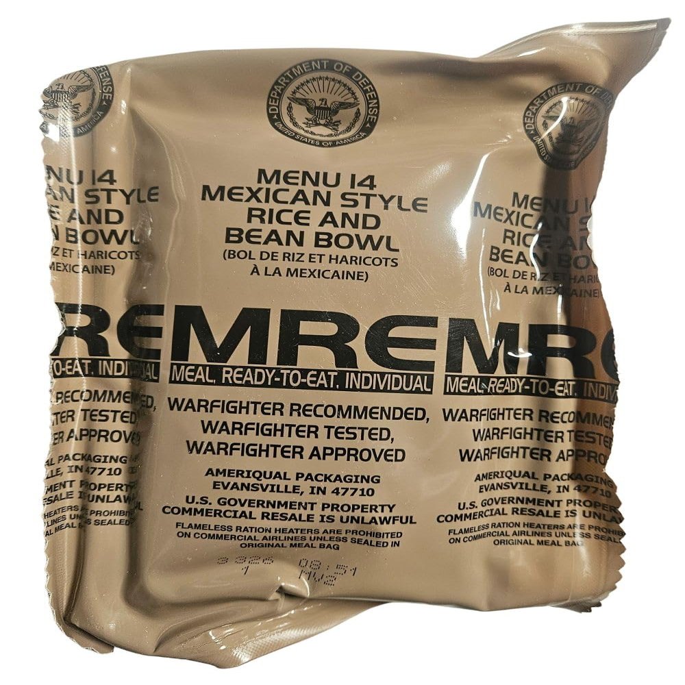 Genuine USGI MRE [Meal, Ready to Eat] Inspection Date 01/2026 or Newer [New Packaging] - You Choose Menu Ration with Entree, Snacks, Dessert, Drink Mix, Utensils, Condiments and FRH. (Bean and Rice Bowl)