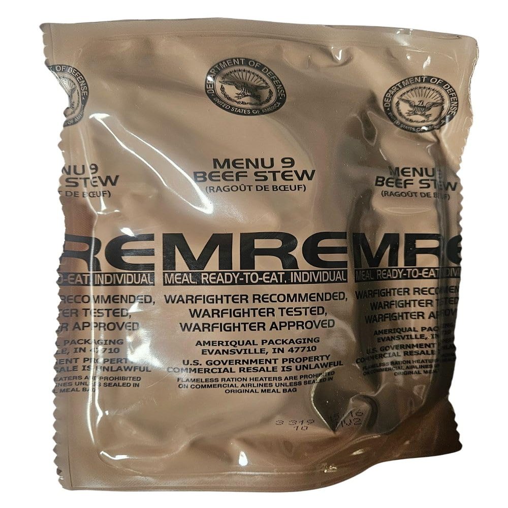 Genuine USGI MRE [Meal, Ready to Eat] Inspection Date 01/2026 or Newer [New Packaging] - You Choose Menu Ration with Entree, Snacks, Dessert, Drink Mix, Utensils, Condiments and FRH. (Beef Stew)