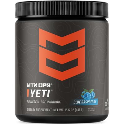 MTN OPS Yeti Pre-Workout Powder Energy Drink with Creatine, 200mg Caffeine & BCAAs with Beta Alanine, 30-Serving Tub, Blue Raspberry