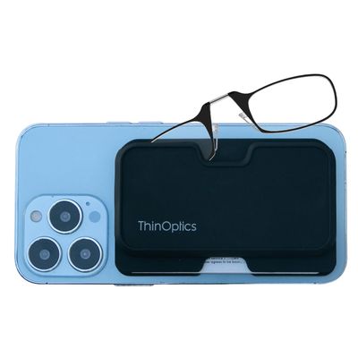 ThinOptics Readers with Wallet - Armless On-Nose Reading Glasses - Slim Wallet Attaches to Phone - MagSafe Compatible - Black 2.00x