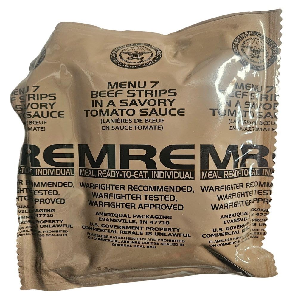 Genuine USGI MRE [Meal, Ready to Eat] Inspection Date 01/2026 or Newer [New Packaging] - You Choose Menu Ration with Entree, Snacks, Dessert, Drink Mix, Utensils, Condiments and FRH. (Beef Strips)