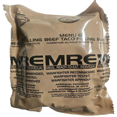 Genuine USGI MRE [Meal, Ready to Eat] Inspection Date 01/2026 or Newer [New Packaging] - You Choose Menu Ration with Entree, Snacks, Dessert, Drink Mix, Utensils, Condiments and FRH. (Beef Taco)