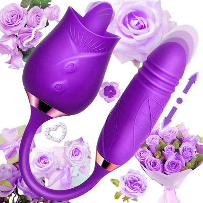 NineLife Basics Easy to Operate Rose Shape Toys Update Model 3 in 1 Rose Toy with Tongue Licking, Thrusting and Vibrating Adult Tools FB3+6 * 2, Purple-ms