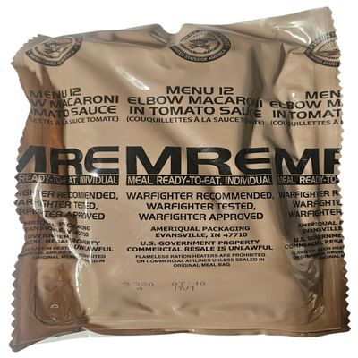 Genuine USGI MRE [Meal, Ready to Eat] Inspection Date 01/2026 or Newer [New Packaging] - You Choose Menu Ration with Entree, Snacks, Dessert, Drink Mix, Utensils, Condiments and FRH. (Elbow Macaroni)