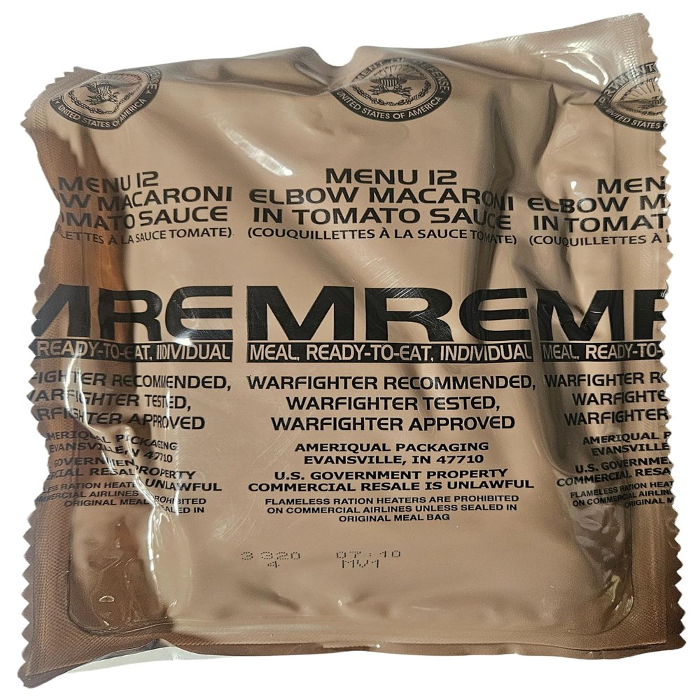 Genuine USGI MRE [Meal, Ready to Eat] Inspection Date 01/2026 or Newer [New Packaging] - You Choose Menu Ration with Entree, Snacks, Dessert, Drink Mix, Utensils, Condiments and FRH. (Elbow Macaroni)