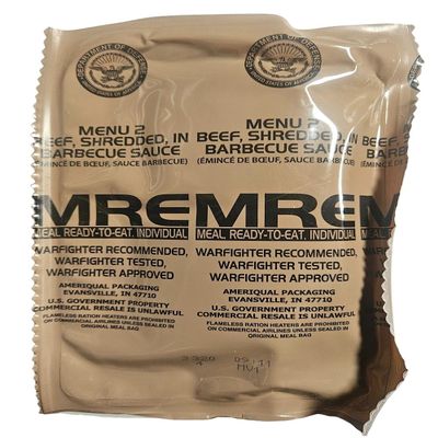 Genuine USGI MRE [Meal, Ready to Eat] Inspection Date 01/2026 or Newer [New Packaging] - You Choose Menu Ration with Entree, Snacks, Dessert, Drink Mix, Utensils, Condiments and FRH. (BBQ Shredded Beef)