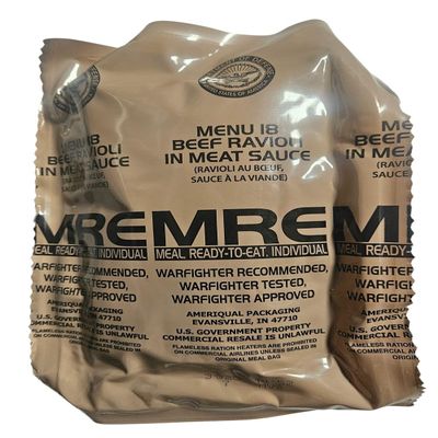 Genuine USGI MRE [Meal, Ready to Eat] Inspection Date 01/2026 or Newer [New Packaging] - You Choose Menu Ration with Entree, Snacks, Dessert, Drink Mix, Utensils, Condiments and FRH. (Beef Ravioli)