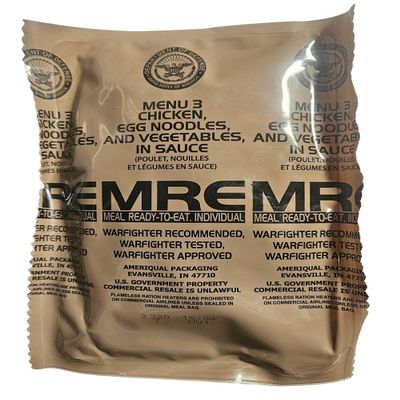 Genuine USGI MRE [Meal, Ready to Eat] Inspection Date 01/2026 or Newer [New Packaging] - You Choose Menu Ration with Entree, Snacks, Dessert, Drink Mix, Utensils, Condiments and FRH. (Chicken Noodle)