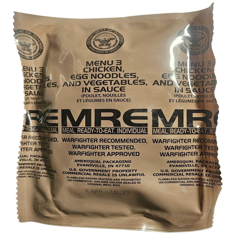 Genuine USGI MRE [Meal, Ready to Eat] Inspection Date 01/2026 or Newer [New Packaging] - You Choose Menu Ration with Entree, Snacks, Dessert, Drink Mix, Utensils, Condiments and FRH. (Chicken Noodle)