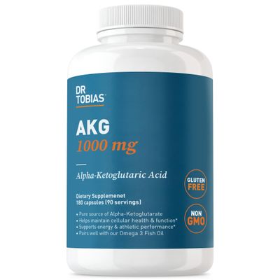 Dr. Tobias AKG Supplement 1000mg Per Serving, Bioavailable Alpha Ketoglutaric Acid, Supports Cellular Energy & Nitric Oxide Flow, Vegan, Gluten-Free, Non-GMO, 180 Capsules, 90 Servings