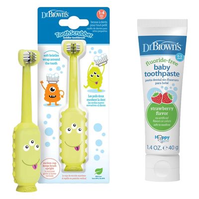 Dr. Brown's ToothScrubber Toddler Toothbrush & Fluoride-Free Baby Toothpaste Bundle, Triple-Sided Training Toothbrush, Strawberry Flavor, Ages 1-4 Years