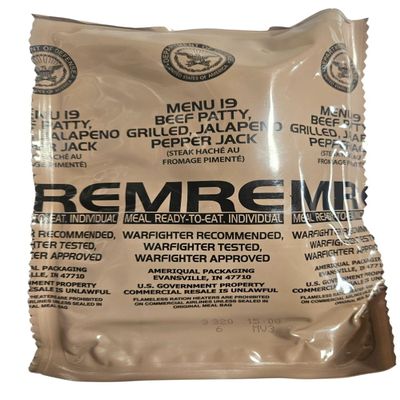 Genuine USGI MRE [Meal, Ready to Eat] Inspection Date 01/2026 or Newer [New Packaging] - You Choose Menu Ration with Entree, Snacks, Dessert, Drink Mix, Utensils, Condiments and FRH. (Jalapeno Beef Patty)