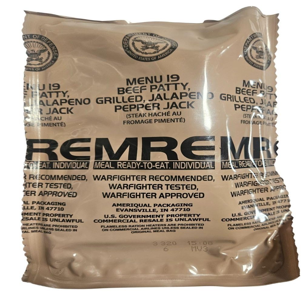 Genuine USGI MRE [Meal, Ready to Eat] Inspection Date 01/2026 or Newer [New Packaging] - You Choose Menu Ration with Entree, Snacks, Dessert, Drink Mix, Utensils, Condiments and FRH. (Jalapeno Beef Patty)