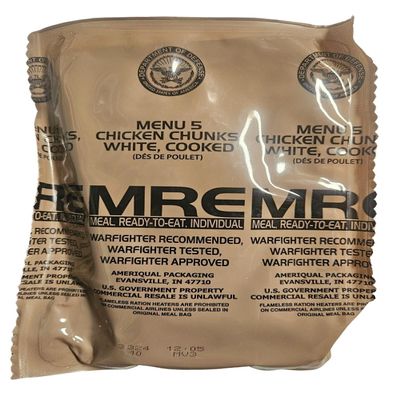Genuine USGI MRE [Meal, Ready to Eat] Inspection Date 01/2026 or Newer [New Packaging] - You Choose Menu Ration with Entree, Snacks, Dessert, Drink Mix, Utensils, Condiments and FRH. (Chicken Chunks)