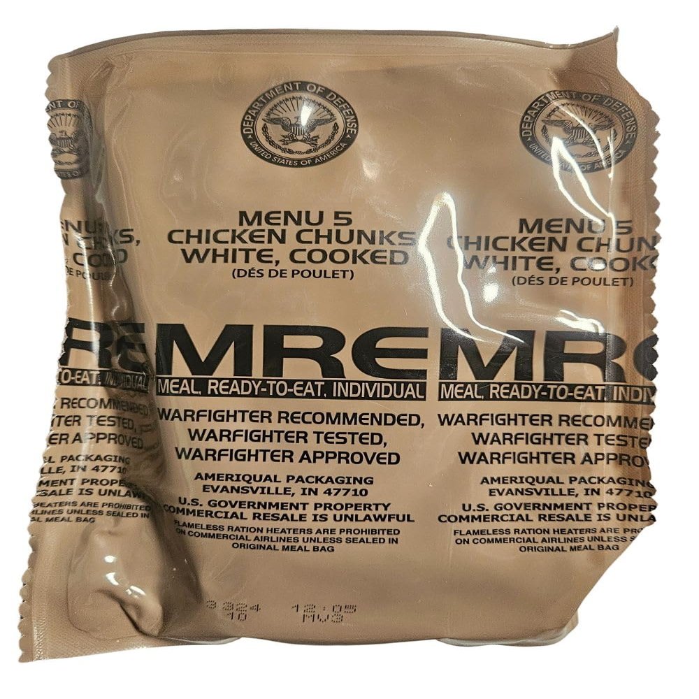 Genuine USGI MRE [Meal, Ready to Eat] Inspection Date 01/2026 or Newer [New Packaging] - You Choose Menu Ration with Entree, Snacks, Dessert, Drink Mix, Utensils, Condiments and FRH. (Chicken Chunks)