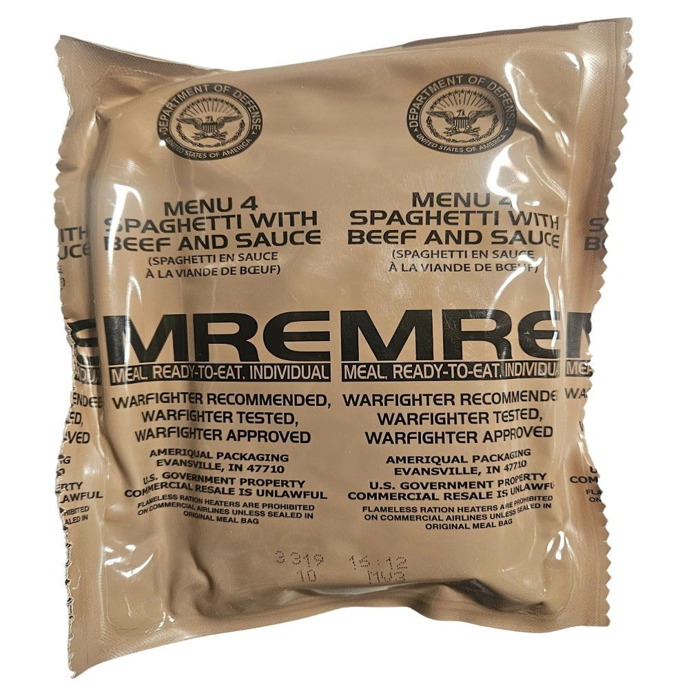 Genuine USGI MRE [Meal, Ready to Eat] Inspection Date 01/2026 or Newer [New Packaging] - You Choose Menu Ration with Entree, Snacks, Dessert, Drink Mix, Utensils, Condiments and FRH. (Spaghetti)