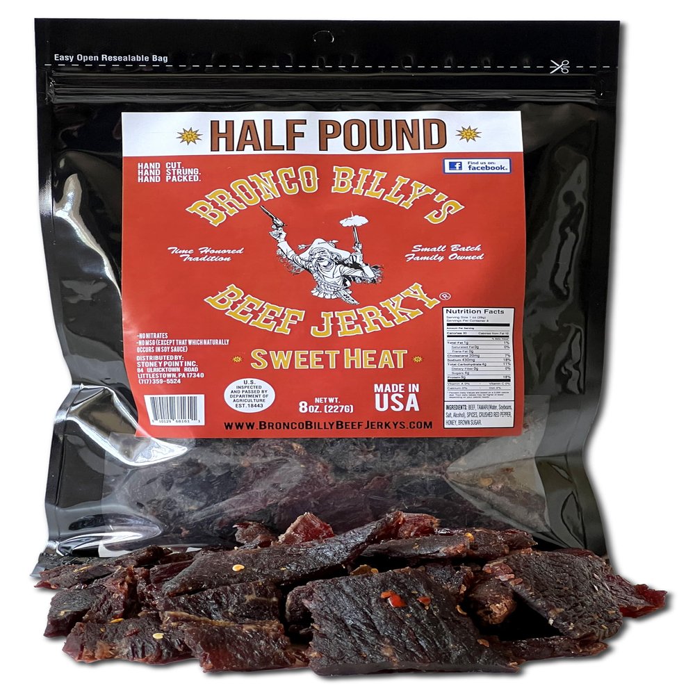 Bronco Billy's Beef Jerky Sweet Heat, Half Pound Resealable Bag, Spicy & Sweet Flavor, Hand Cut, Hand Strung, Hand Packed, Made in USA