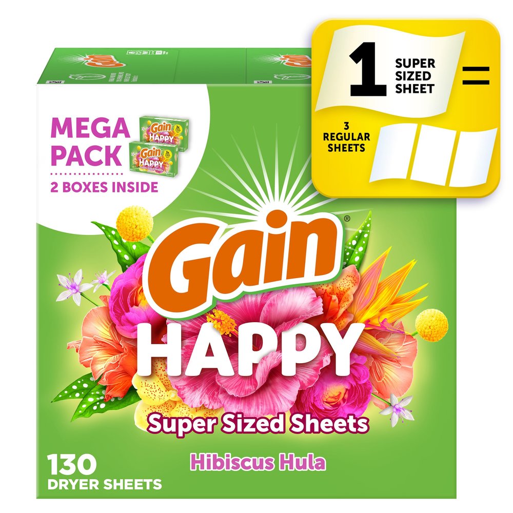 Gain Super Sized Dryer Sheets, Laundry Fabric Softener, Happy, 130 Count