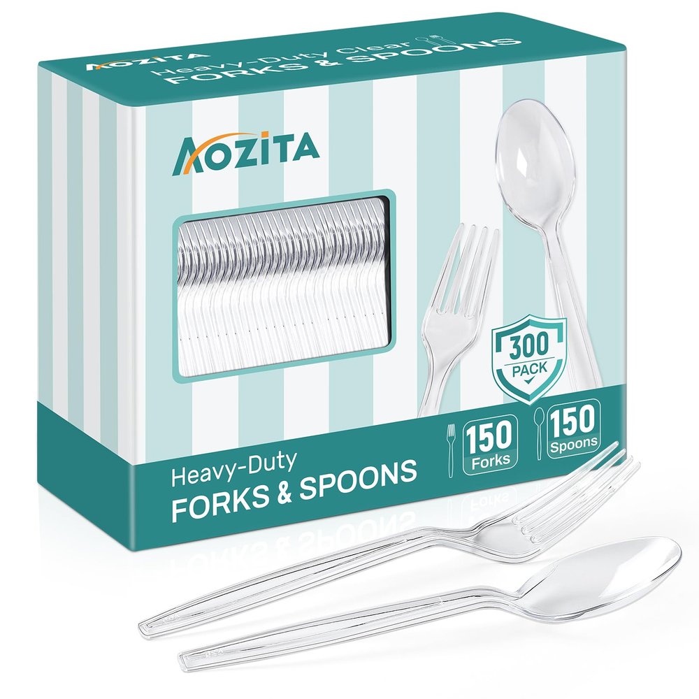 [300 Count] Plastic Silverware, Heavy Duty Plastic Forks Spoons Disposable Utensils Cutlery Set for Wedding Party Supplies Everyday Use - Clear