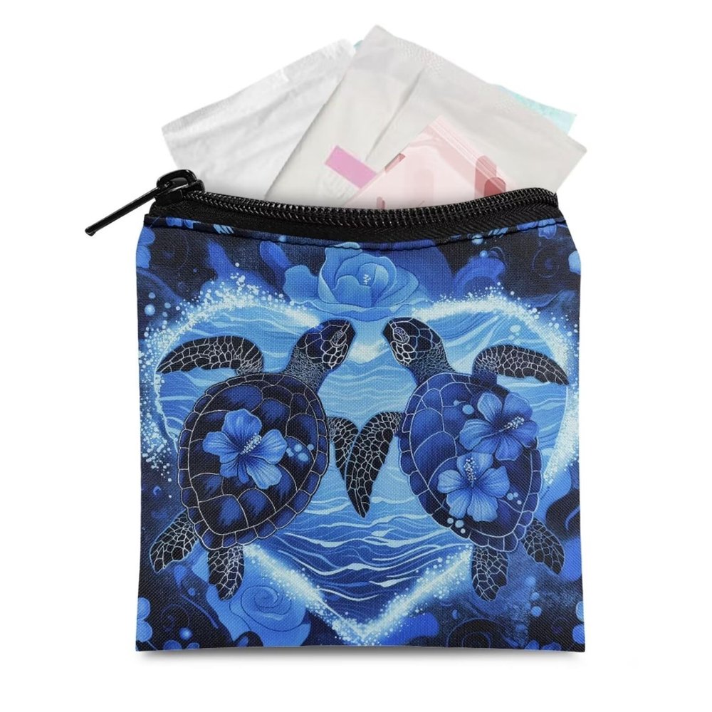 HUGS IDEA Blue Sea Turtle Sanitary Napkin Storage Bag Portable Tampon Holder for Purse CIN Sanitary Pads Pouches for Teen Girls Women