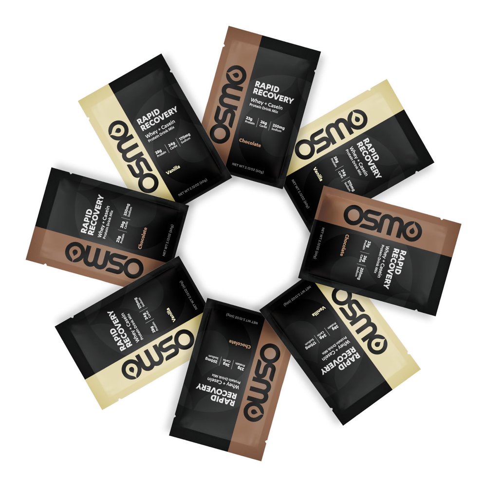 Osmo Rapid Recovery - Whey & Micellar Casein Protein Powder Blend with Carbohydrates & Caffeine, All Natural Ingredients, Enables Muscle Repair & Boosts Glycogen Restoration - Combo Pack, 8 Servings