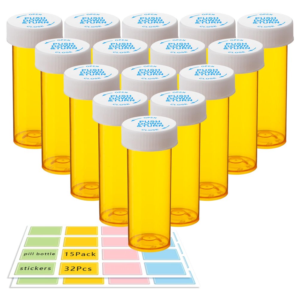 Zoeynex 15 Pack 0.75 oz Empty Pill Bottles with Childproof Caps and 32 Easy Peel Labels - Moisture-Proof, BPA-Free Prescription Vials for Pills, Vitamins, Supplements - Perfect for Travel & Home Use