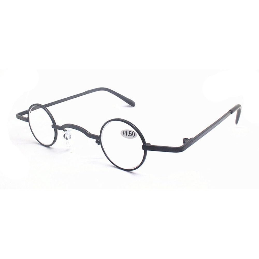 XINGNIAN 30mm Creative Black Small Round Reading Glasses, Mini Presbyopic Glasses Fashion Retro Metal Spring Hinge Readers +3.50