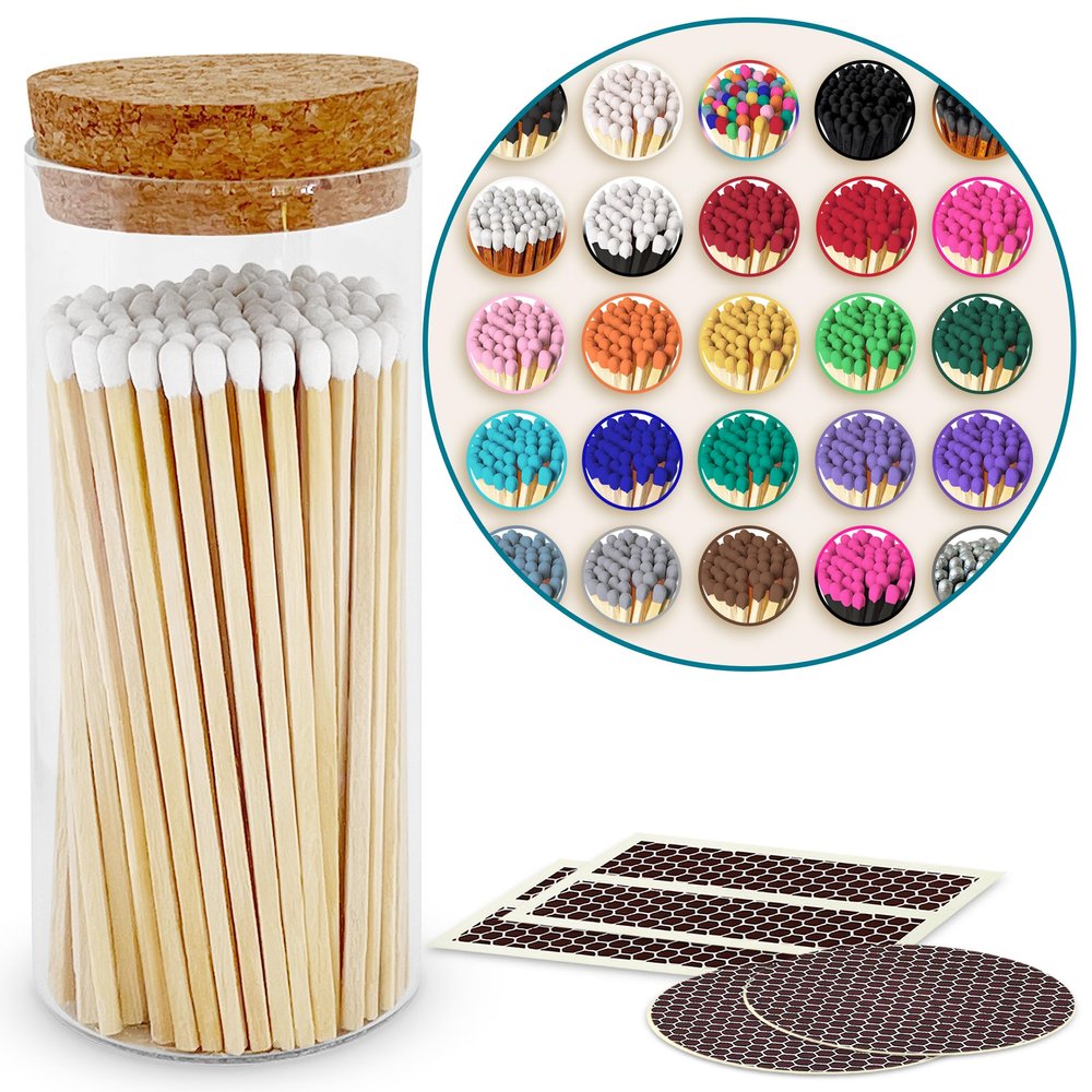 Decorative Matches in a Glass Jar | 4" Black Tip Long Matches Custom + Cork Top Glass Holder + Striker Stickers | Gifts, Dcor, & Candle Accessories | by Thankful Greetings, USA
