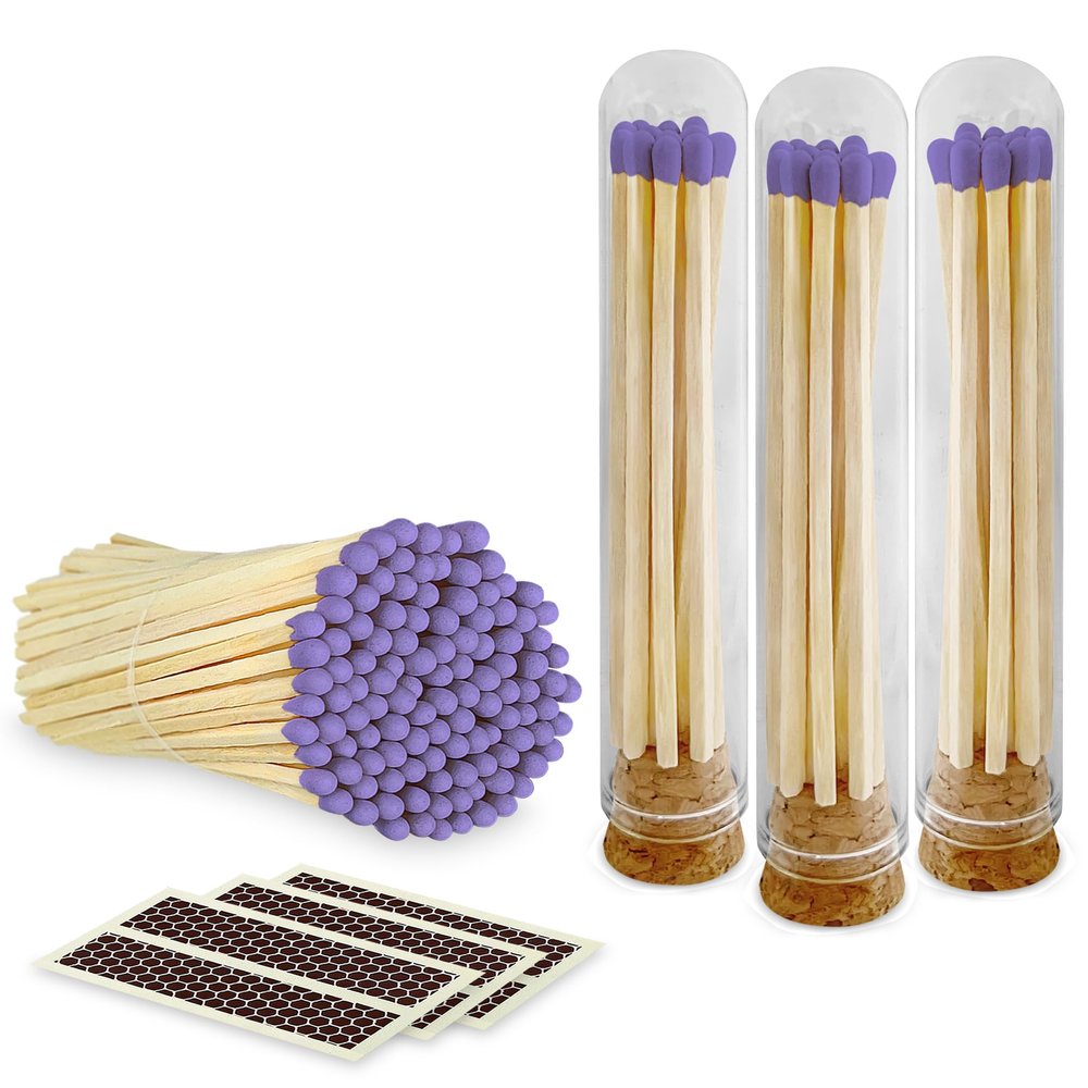 Decorative Matches in Mini Match Cloche Glass Jar Set | 4" Lilac Long Matches (100 match sticks) + 3 Cork Top Dome Glass Holders + Striker Stickers | by Thankful Greetings, USA