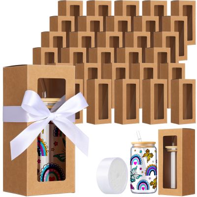 FillTouch 60 Pcs Gift Boxes with Ribbon for Sublimation Glass Exhibition Transparent Tumbler Gift Boxes for 12oz 16oz 20oz Glass Jar Shipping Packaging(Brown)
