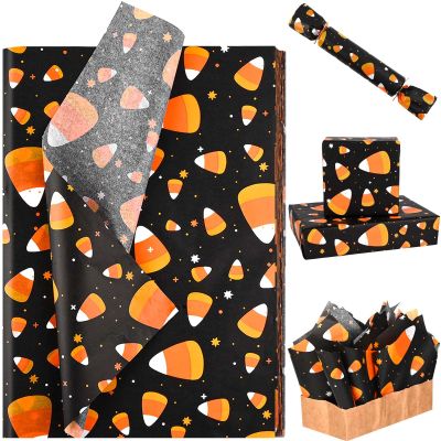 100 Sheets Candy Corn Tissue Paper for Gift Bags Halloween Theme Gift Wrapping Paper Black Orange Printed Tissue Paper for Halloween Party Trick or Treat Party DIY Craft Supplies, 14 x 20 Inch