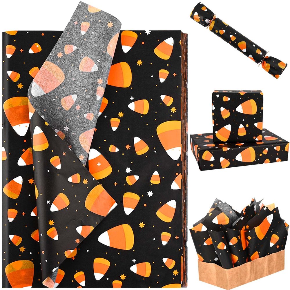 100 Sheets Candy Corn Tissue Paper for Gift Bags Halloween Theme Gift Wrapping Paper Black Orange Printed Tissue Paper for Halloween Party Trick or Treat Party DIY Craft Supplies, 14 x 20 Inch